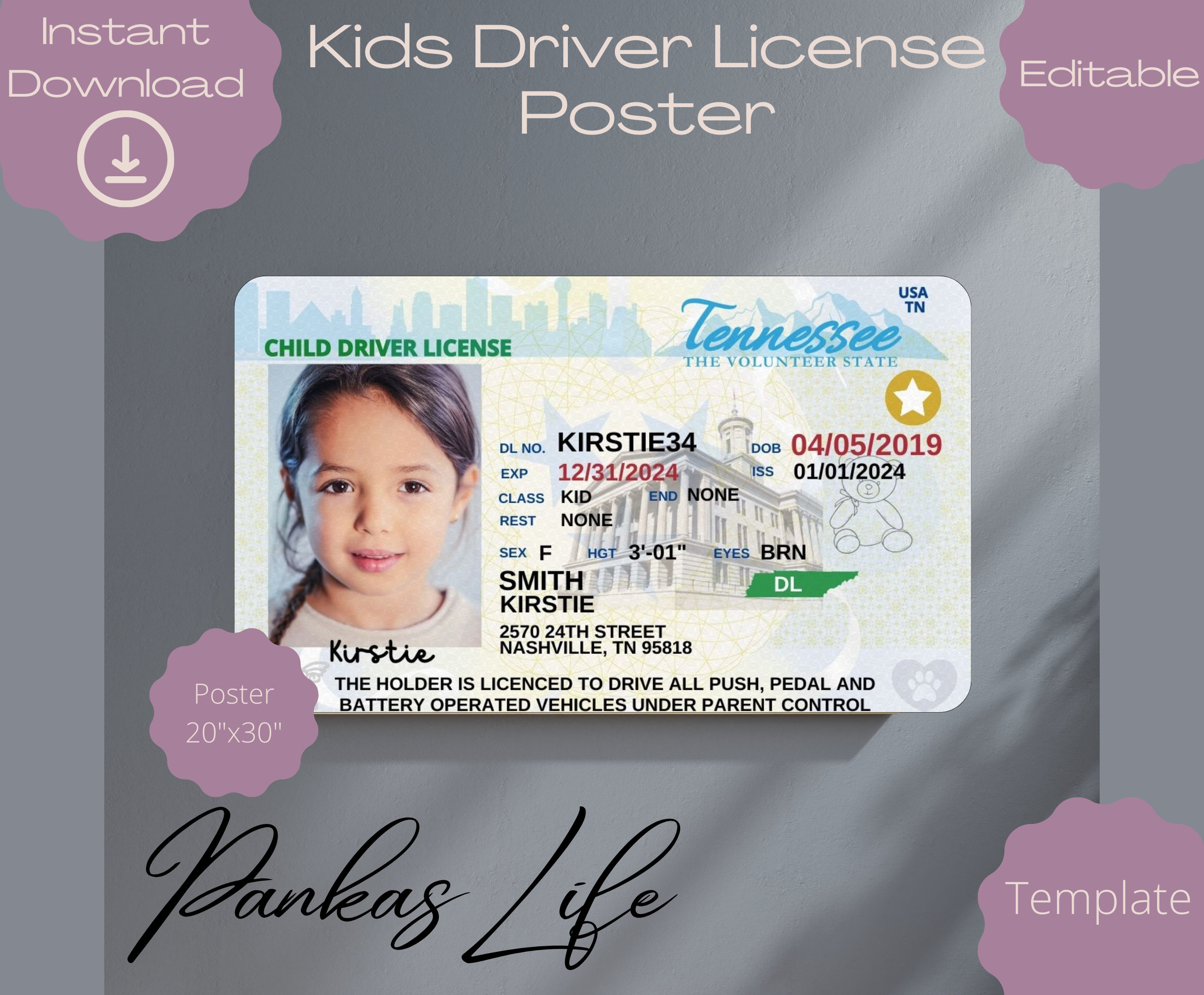 editable tennessee fake id template